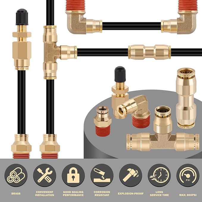 CheeMuii 76 PCS Brass DOT Air Line Fittings with 100FT 1/4" and 50FT 3/8" DOT Air Line Kit Push Lock Air Fitting Quick Connect & NPT Thread Fittings with Pneumatic Tubing Set