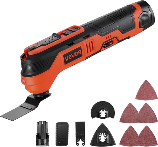 VEVOR Cordless Oscillating Tool, 12V Multitool Oscillating Saw Tool with 6 Variable Speeds 6000-17500 OPM, 3.2째 Oscillation Angle, 2.0Ah Battery Pack & Charger, 8PCS Saw Accessories & LED Work Light
