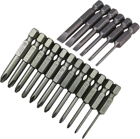 aiyun 18 Piece Slotted Phillips Head Drill Bit Set, 1/4 Inch Hex Shank S2 Steel Magnetic 2Inch Long Screwdriver Bits with Storage Box (Slotted Phillips)