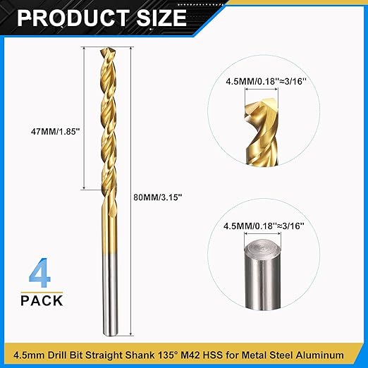 PATIKIL 4.5mm Drill Bit, M42 8% Cobalt High-Speed Steel Jobber Straight Shank 135° Titanium Nitride (TiN) Coated for Hard Metal Stainless Steel - 4 Pack