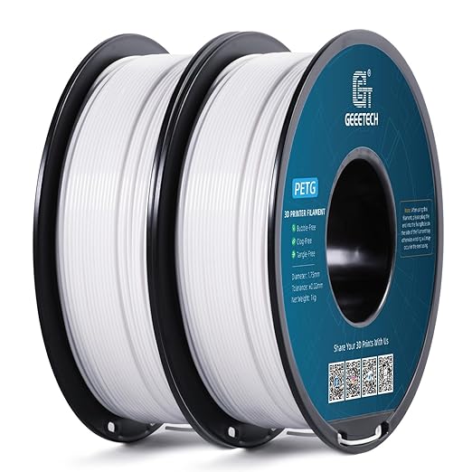Geeetech PETG Filament 1.75mm, 2kg (4.4lbs) / 2 Pack Upgraded High-Toughness 3D Printer Filament - 짹0.02mm Accuracy, Neatly Wound Durable, Non-Clogging & Non-Stringing, Fits Most FDM Printers (White)
