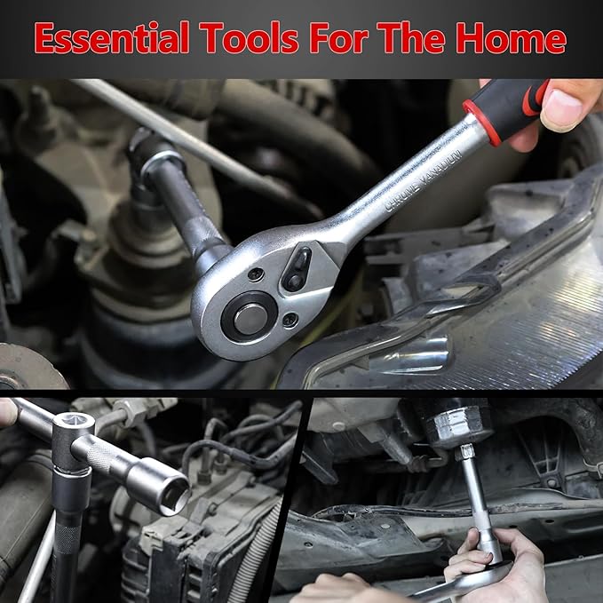XHTT 94 Piece Tools For Mechanics,Metric And Standard 1/4,1/2 Socket Set,And Ratchet Set,Universal Joint,Extension Bars And Quick Release Reversible Ratchet Wrench,Plastic Toolbox Storage.