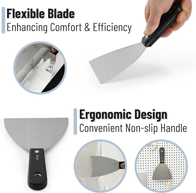 Bates- Putty Knife Set, 7 pcs, Stainless Steel, 1" 1.5" 2" 2.5" 3" 4" 5" Flexible Metal Scraper, Drywall Spackle Knife, Metal Paint Scraper Tool, Putty Knife Scraper, Wall Scraper, Drywall Knife