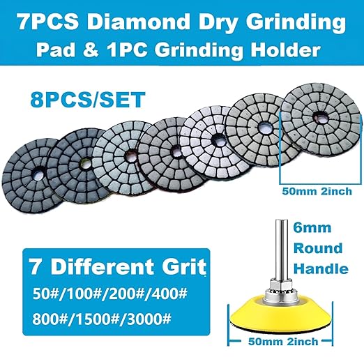 2inch 50mm Diamond Dry Grinding Pad, 7 Different Grit 50#-3000# Sanding Discs & 6mm Round Handle Hook & Loop Backing Holder for Detail Fine Buffing Polishing (8Pcs/Set)