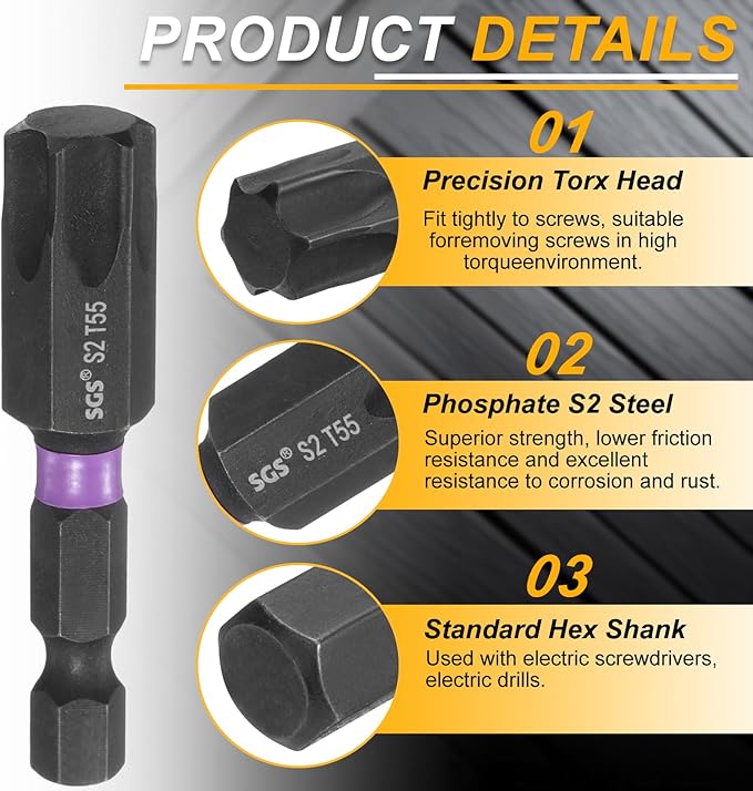 HARFINGTON 2pcs T55 Torx Head Impact Screwdriver Bits 1/4" Hex Shank 2" (50mm) Long Magnetic No Hole Tamper Proof 6 Point Star Screw Driver Drill Bits Phosphate S2 Steel Power Tools