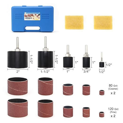 Sanding Drum and Sleeves Set 1-1/2’’,1’’, 1/2’’ with 2 Rubber Erasers, Drill Sanding Kit for Sanding Polishing Multiple Materials Wood Fiberglass Metal, 80, 120 Grit-27PCS