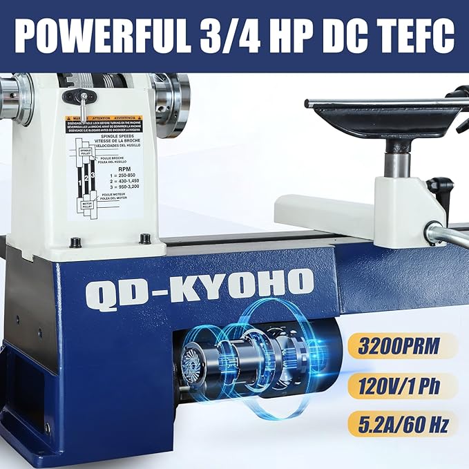 12" X 16-1/2" Wood Lathe Machine竊똙ariable-Speed 250-3200 RPM Digital Display Power Wood Lathes竊?/4HP,120V 1PH Wood Turning Lathe,VSR Woodworking Lathe For Precision Woodworking Projects