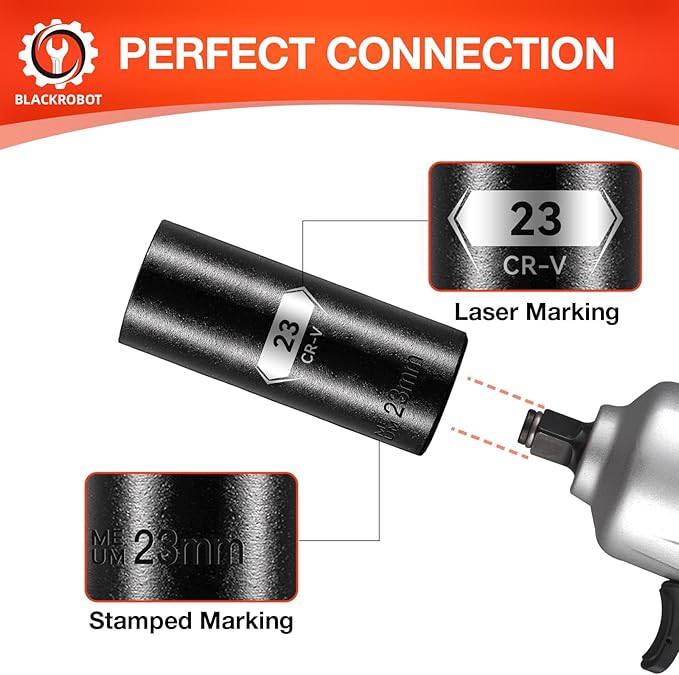 1/2 Inch Drive 6-Point Deep Socket, 23mm Deep Impact Socket, CR-V Steel