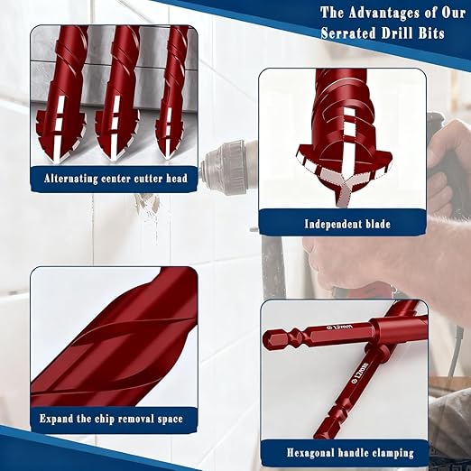 10pc Red Serrated Eccentric Masonry Drill Bit, Serrated Concrete Drill Bit Set for Ceramic Tile Brick Glass Plastic Marble and Wood (3/16??to 1/2??.