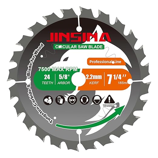 7-1/4” Circular Saw Blade for Wood, 24T TCT Cutting Blade, Fine Finish Crosscut Angled Bevels Framing Ripping for Plywood, Melamine, Oak, Pine, Laminate, Chipboard, 5/8"