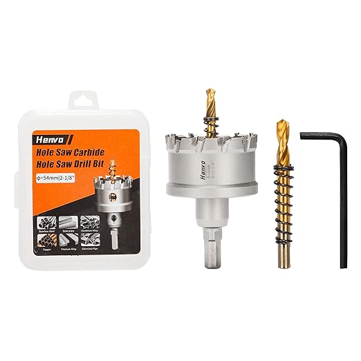 Hole Saw 2-1/8" (54mm) Heavy Duty Carbide with 2 Pilot Drill Bits - Metal Hole Cutter Cuts Stainless Steel, Iron, Copper, Brass, Plastic