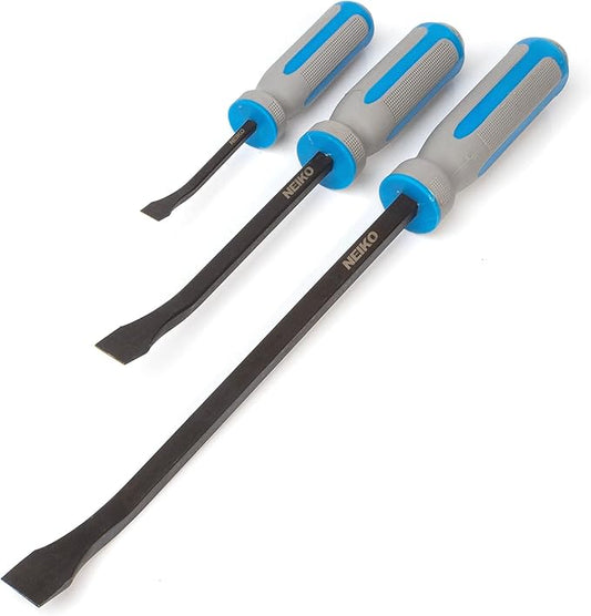 NEIKO 00251A Pry Bar, 3 Piece Angled Tip Pry Bar Set, 8", 12" & 17.5" Crow Bar with Go Through Striking Cap, Textured TPR Breaker Bar Handles, Heavy Duty Black Oxide Coated Chromium Steel Small PryBar
