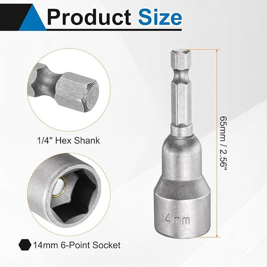 HARFINGTON 5pcs Nut Driver Drill Bit 14mm Metric Socket 1/4" Hex Shank 2.56" (65mm) Long Magnetic 6-Point Sockets Quick Change CR-V Steel Bolt Setters for Power Drill Drivers