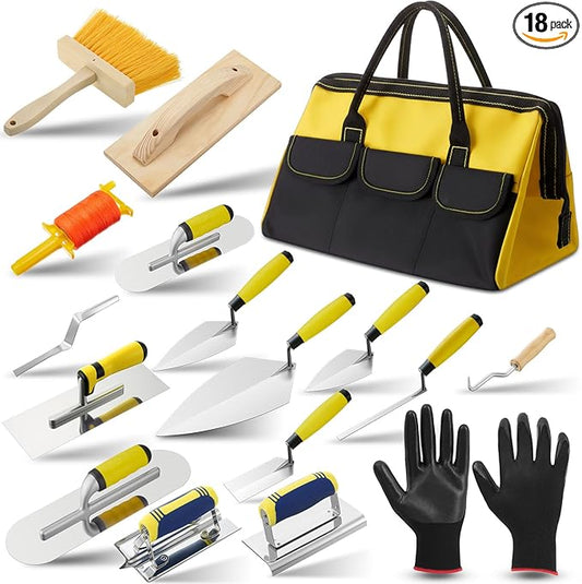 18 Pcs Masonry Hand Tool Set in Tool Bag Includes 6 Pcs Trowel Set Wooden Sanding Board Stainless Steel Putty Knife Brush Rebar Hook Masonry Kit Rubber Gloves Construction Wire (Yellow)