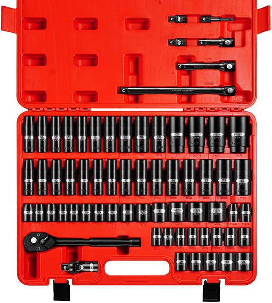66 PCS 1/2 Inch Drive Impact Socket Set, Standard SAE (3/8"-1-1/4") And Metric (10-24mm) Size, 6 Point Deep & Shallow Sockets竊똌aster Grade Cr-V Steel With Heavy Duty Storage Case