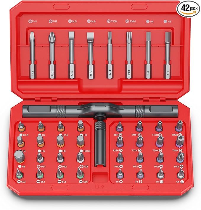 42 in 1 Magnetic Screwdriver Set, DIY Ratchet Screwdriver Set, Multi Bit Magnetic Drive Set with Detachable Ratchet Handle, Portable Compact Repair Tool Kit for Furniture Computer Bicycle Red