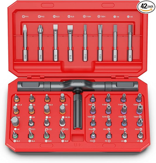 42 in 1 Magnetic Screwdriver Set, DIY Ratchet Screwdriver Set, Multi Bit Magnetic Drive Set with Detachable Ratchet Handle, Portable Compact Repair Tool Kit for Furniture Computer Bicycle Red