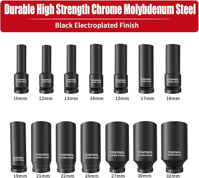 1/2 Inch Deep Drive Impact Socket Set,6-Point,Metric (10mm-32mm),14 Pcs,Cr-Mo Steel,With a Storage Case