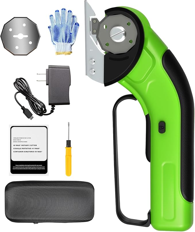 Cordless Electric Scissors Rechargeable with 2-Blade & Storage Bag, Powerful Rotary Cardboard Box Cutter 3.7V 2000mAh for Cloth Carpet Plastic Leather, Charging Cable(Green)