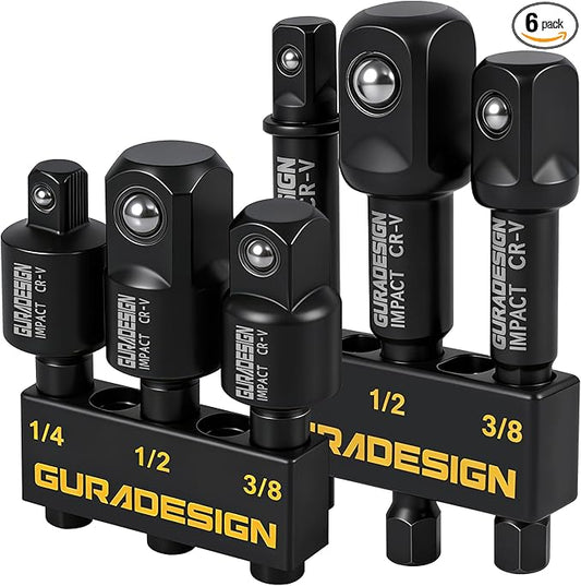 Impact Socket Adapter Set, 6-Piece 3" Extension Bit With Holder, 1/4", 3/8", and 1/2" impact socket adapter & Universal Joints drill socket adapter