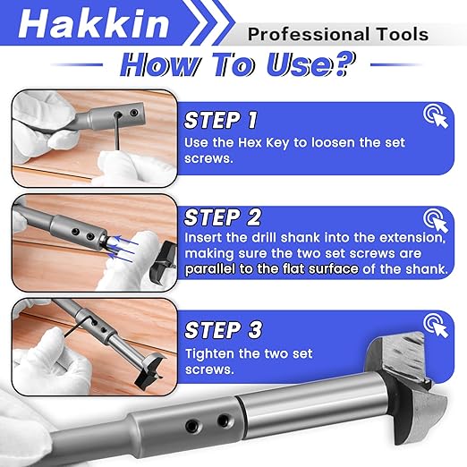 Hakkin 2Pcs 7”＆10” Forstner Bit Extension for 3/8", Hole Saw Extension for Adding Over 5-3/4 to 8-3/4 Inches of Drilling Depth, Forstner Drill Bit with Chuck Press Wrench Key (10+13mm)