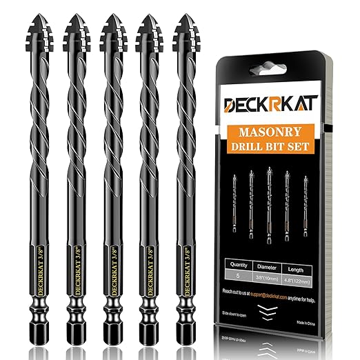 DECKRKAT Upgraded 5-Piece 3/8 Inch Black 4-Flute Serrated Masonry Drill Bits - Concrete, Tile, Glass, Brick, Ceramic, Plastic, Wood