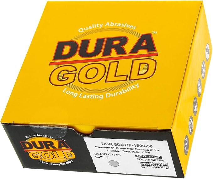 Dura-Gold Premium 5" Green Film PSA Sanding Discs - 1500 Grit (Box of 50) - Film Back Self Adhesive Stickyback Sandpaper Discs for DA Sander, Finishing Abrasive, Sand Automotive Paint Woodworking Wood