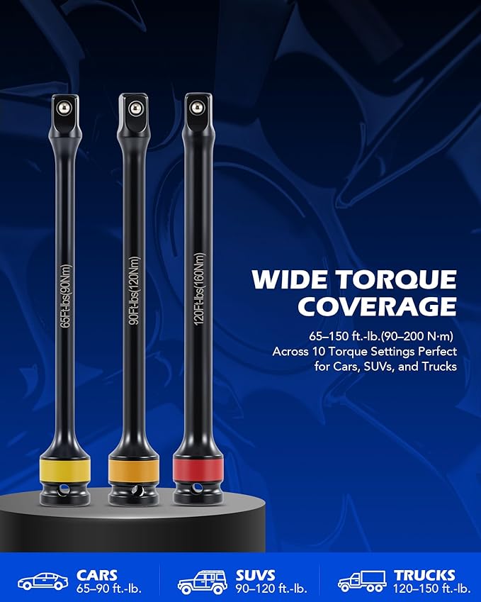 Orion Motor Tech 1/2 Inch Drive Torque Limiting Extension Bar, 150 ft-lb, Black, Chromoly Steel