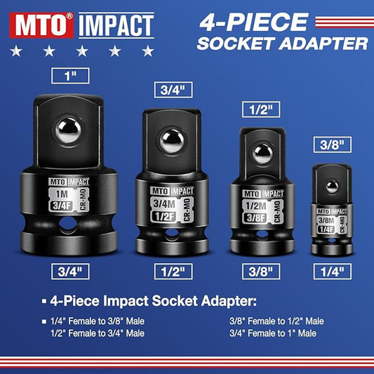 MTO 8-Piece Impact Socket Adapter & Reducer Set, 1/4", 3/8", 1/2", 3/4" Drive, Impact Driver & Wrench Conversion Kit, Chrome Molybdenum Steel