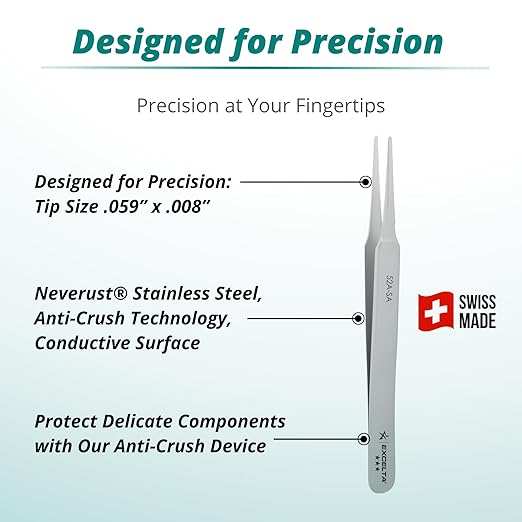 Excelta 52A-SA Straight Tapered Flat Tipped Tweezer, 4.75 Inch, Anti-Magnetic Neverust Stainless Steel, Conductive Surface, Straight Tip, Precision Handling for Labels and SMD Components, Professional