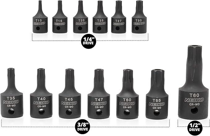NEIKO 10282B 13 Piece Security Torx Socket Bit Set, 6 Point Heavy Duty Tamperproof Impact Grade Star Bit Set Torx, Safety Torx Bit Set, Tamper Proof Torx Bit Set, Torx Tool Set, Torx Socket Set