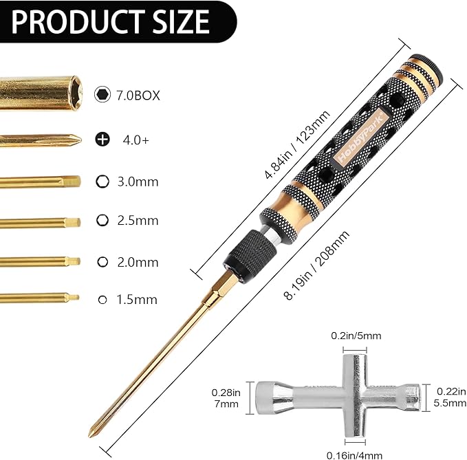 HobbyPark 6 in 1 RC Hex Driver Screwdriver Set 1.5mm 2.0mm 2.5mm 3.0mm & Hex Nut Driver & Phillips Bit and Wheel Wrench for RC Car Hobby Tool Kit