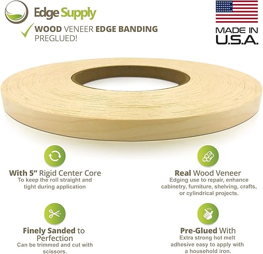 Edge Supply Birch 13/16 inch X 250 ft Roll of Plywood Edge Banding ??Pre-glued Real Wood Veneer Edging ??Flexible Veneer Edging ??Easy Application Iron-on Edge Banding for Furniture Restoration