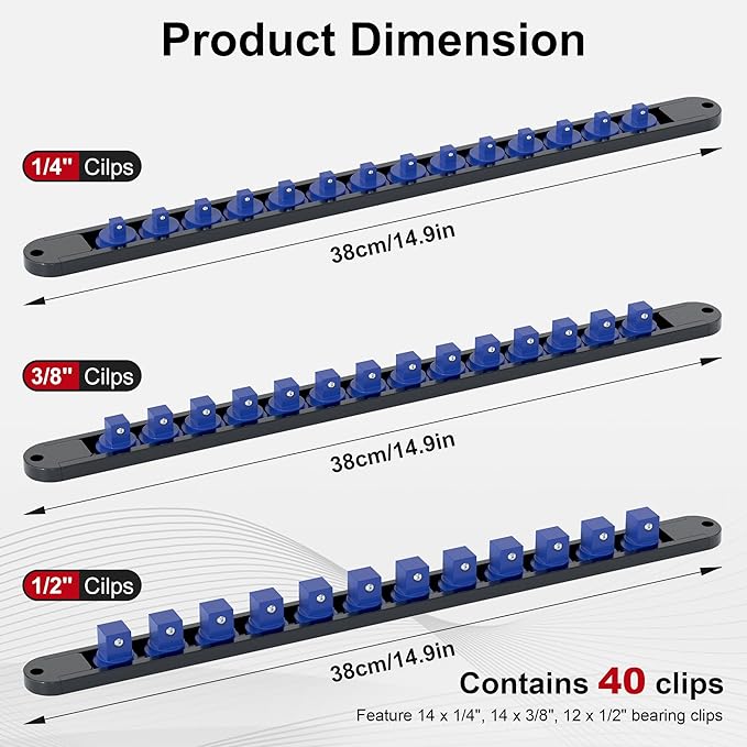 FivePears 3PCS 360째 Socket Organizer Twist Lock,3/8 1/4 1/2 Socket Storage Rails, Premium Quality Socket Holders for Tool Box 竊똖ool Carts竊똂ontains up to 40 Clips (Blue, Red and Black)