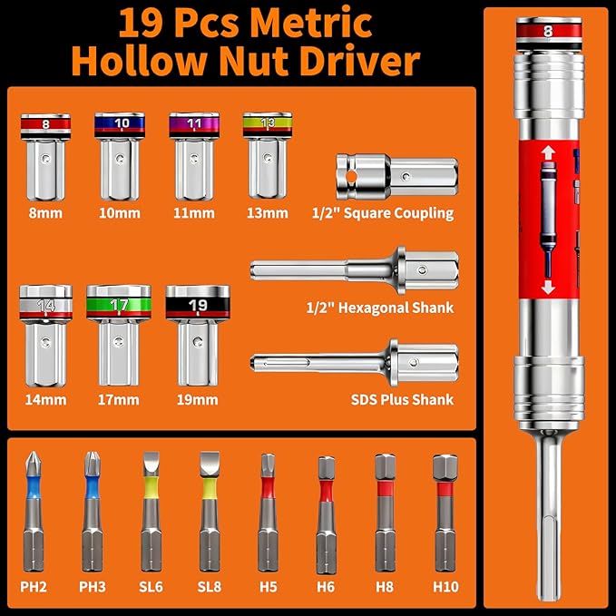 ENERTWIST 19Pcs Metric Hollow Nut Driver Set, 5-Inch Extended Reach Hollow Shaft for Long Bolts, 3-in-1 Adapters for Impact Drill/Wrench/Hammer, 7 Nut Drivers & 8 Screwdriver Bits