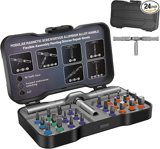 24 in 1 Magnetic Screwdriver Set, DIY Ratchet Screwdriver Set, Multi Bit Magnetic Drive Set with Detachable Ratchet Handle, Portable Compact Repair Tool Kit