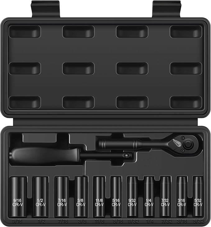 Aloanes 1/4" Drive Socket Set, 13-Piece SAE (3/16"- 11/32") Deep Sockets, 72-Tooth Ratchet Wrench, Drive Spinner Handle, 6 Point Design, Cr-V Steel