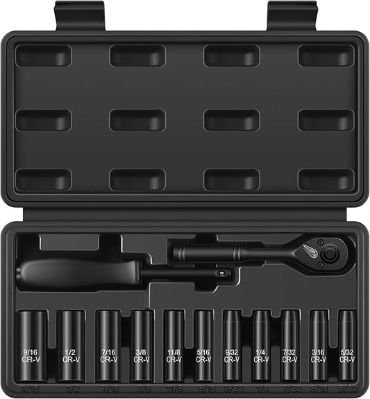 Aloanes 1/4" Drive Socket Set, 13-Piece SAE (3/16"- 11/32") Deep Sockets, 72-Tooth Ratchet Wrench, Drive Spinner Handle, 6 Point Design, Cr-V Steel