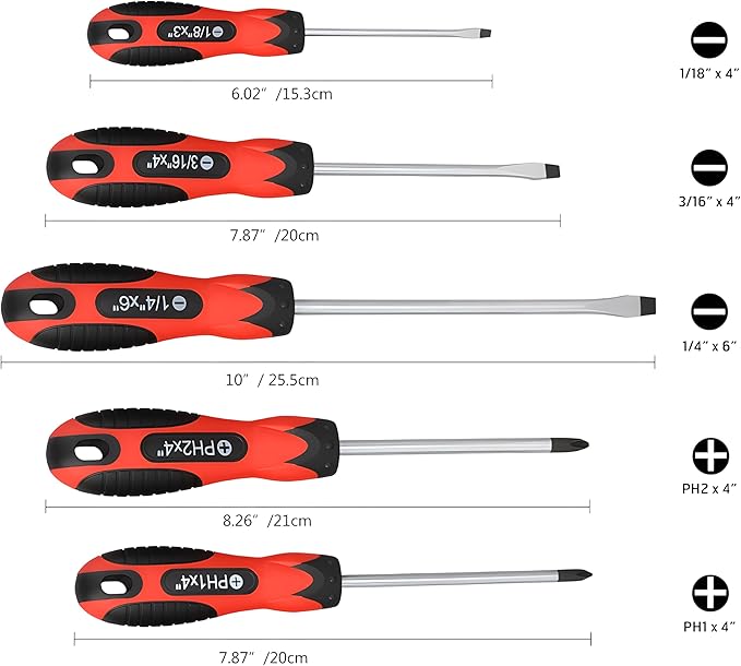 Vickay Screwdriver Set, Permanent Magnetic Precision Tips, Rust Resistant Heavy Duty shank Toolkit for men Repairing, Slotted & Phillips Screwdriver, Ergonomic Comfortable Non-skid Handle, 5 Pieces