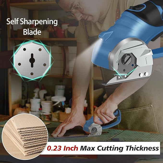 Cordless Electric Scissors, 4V Rechargeable Box Cutter & Cardboard Cutter with Titanium Blade, LED Light, Safety Lock - Rotary Cutter for Fabric, Leather, Carpet, Plastic, Crafting, Sewing(Slate Blue)