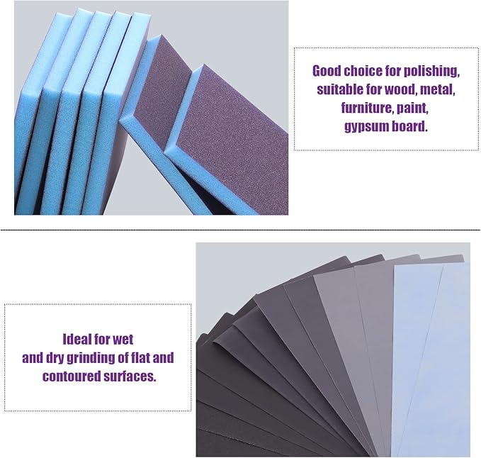 Swpeet 29Pcs 4.72 x 3.9 x 0.47 Inch 8 Sizes Blue #36-5000 Grit Ultra Fine Wet and Dry Sanding Sponge Sanding Blocks and 6 Sizes Sandpapers Sheets with Wooden Paint Brush Kit