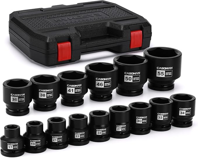 CASOMAN 15-Piece 3/4" Drive Shallow Spindle Axle Nut Impact Socket Set, 6-Point, Standard Large Socket Set, Metric (17mm -55mm), CR-MO Steel, with Storage Case