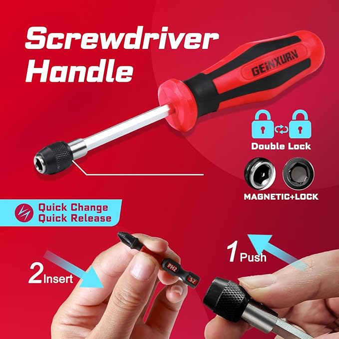 42Pcs Impact Screwdriver Set,Impact Screwdriver Bit Set Phillips/Hex/Torx/Square/Slotted Insert Power Bit Tips,Impact Nut Driver, Bit Holder and Screwdriver Handle with Black Storage Box Case