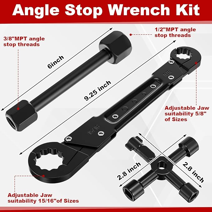 Lanties 5 Pcs Angle Stop Wrench Kit Plumbing Tool, Compression Sleeve Puller for 1/2" Compression Fitting Ferrule Puller Removal Tool for 1/2" Copper Tubing 4-way Multi-functional Utility Key (Black)