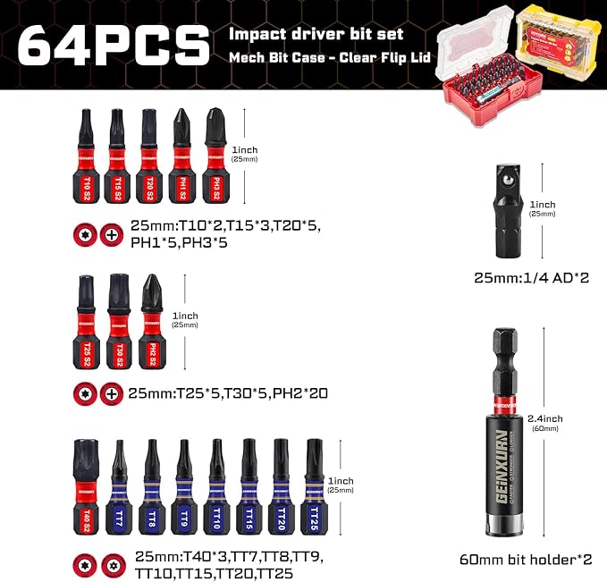 64Pieces Impact Screwdriver Bits Set, S2 Steel Magnetic Phillips/Security Torx/Torx Muliti Insert Bits Tips Set with Impact Bit Holder and 1/4?쒾ocket Adapter(Storage Box Case)
