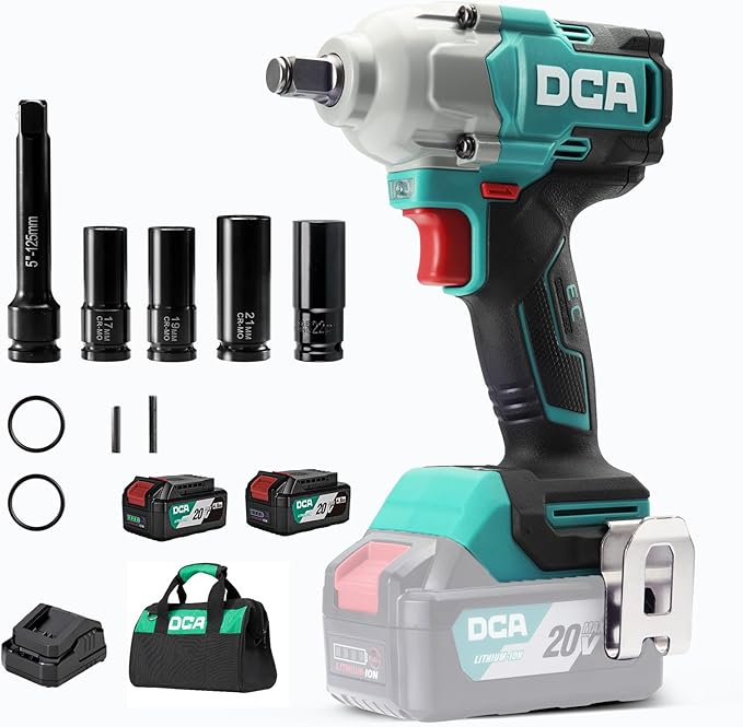 DCA 20V Brushless Impact Wrench Cordless, 682Nm Max Torque, 1/2" Hog Ring Impact Gun, 2 * 4000mAh Li-ion Battery, 4 Modes, LED Light, Compact Design, Smart Loosen Function