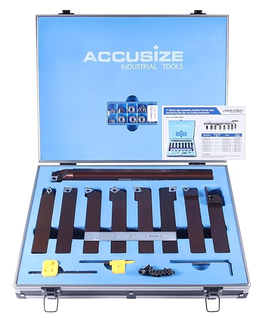 Accusize Industrial Tools 1" Shank, 9-Piece Indexable Turning & Boring Set, Uncoated Sharp-Edge Carbide Inserts for Aluminum, 3988-0001