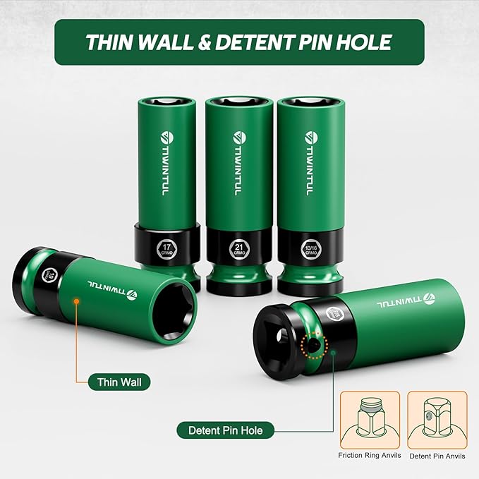 1/2" Wheel Protector Impact Socket Set, 5Pcs Non-Marring Lug Nut Socket Set, CR-MO Steel, 6-Point Thin Wall Deep Socket Set, Color-Coded Protective Sleeves- Metric 17 19 21 mm, SAE 13/16 7/8"