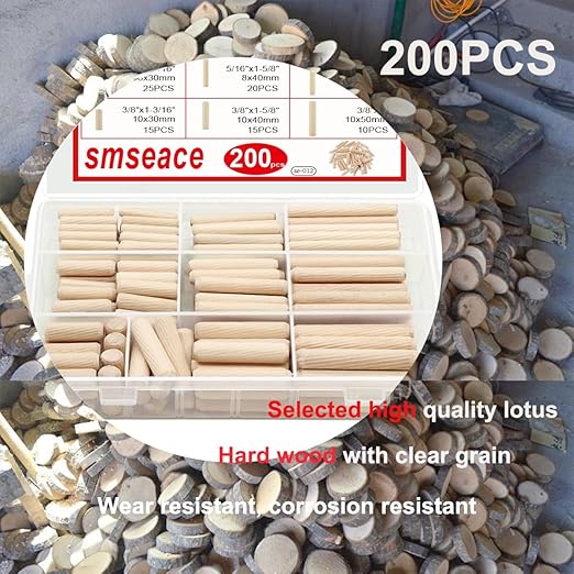 smseace Wooden Dowel Pins with Tapered End with Bevel Angle Groove Wood Pegs - 9 Sizes 6/25inch 5/16inch 3/8inch(6mm, 8mm, 10mm) Used for Crafts, Furniture, Door, DIY