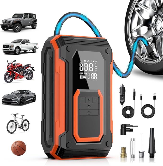 Tire Inflator Portable Air Compressor, 150PSI Cordless Air Pump for Car Tires, Dual Power - Battery & 12V DC, Portable Air Pump With Memory Function for Car, Motorcycle, Bike, Ball, etc